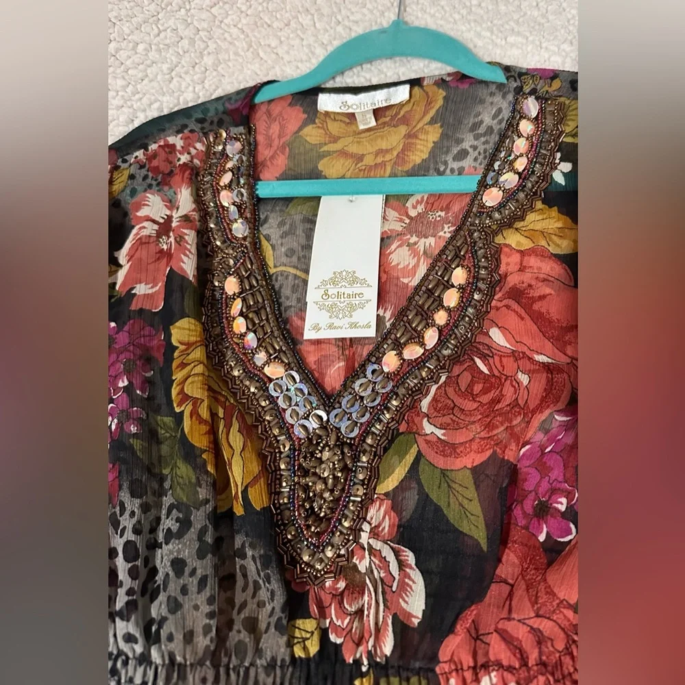 Vintage Solitaire Beaded Floral Sheer Blouse Top Animal Print Butterfly Sleeves - Picture 2 of 12